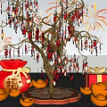 Festive Photo Check In Spot With Golden Tree Red Decorations Fortune Bag And Fireworks