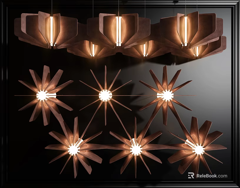 Modern Unique Design Chandelier With Star Shaped Wooden Frame And Warm Lighting 3d model 