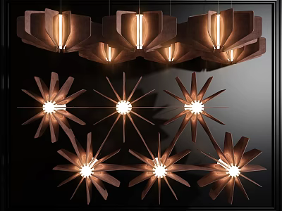 Modern Unique Design Chandelier With Star Shaped Wooden Frame And Warm Lighting 3d model