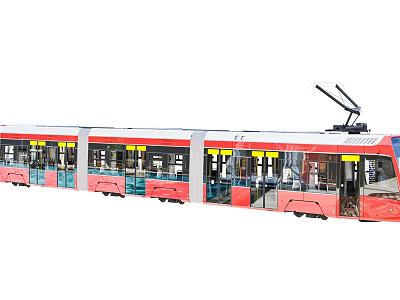 Modern Red and White Tram with Large Windows Sliding Doors and Pantograph 3d model