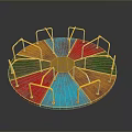 Colorful Children's Playground Carousel With Circular Design Red Blue Green Orange Sections And Yellow Handrails