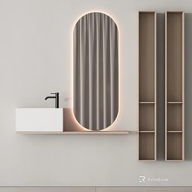 Modern Bathroom Washbasin With Illuminated Oval Mirror And Wooden Wall Shelves Design 3d model 