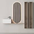 Modern Bathroom Washbasin With Illuminated Oval Mirror And Wooden Wall Shelves Design