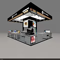 Specialty Store Booth With Modern Display Counters Products And Brand Logos