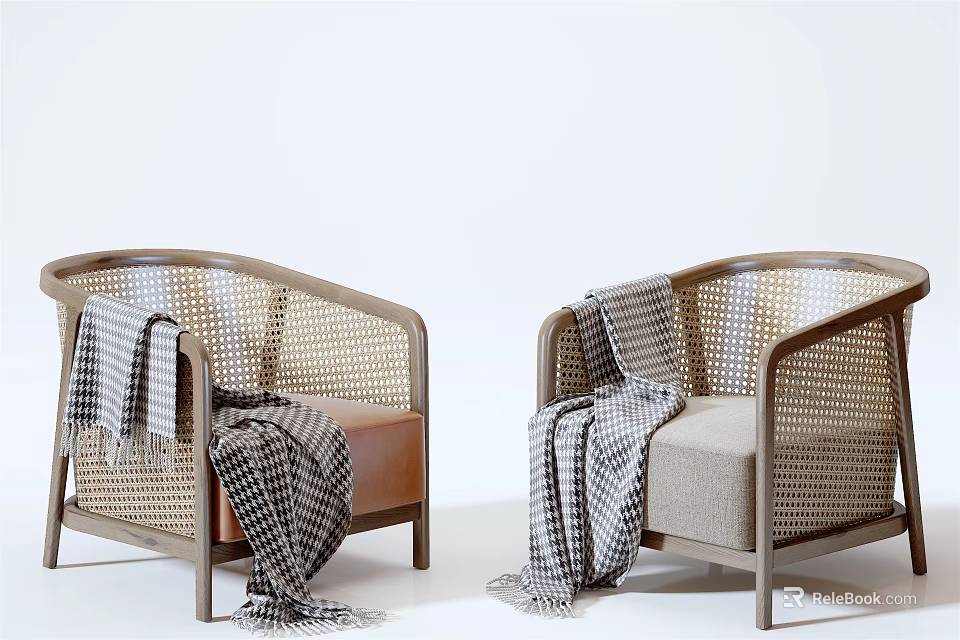 Modern Single Seater Sofa With Rattan Weave Design And Plaid Blanket 3d model 