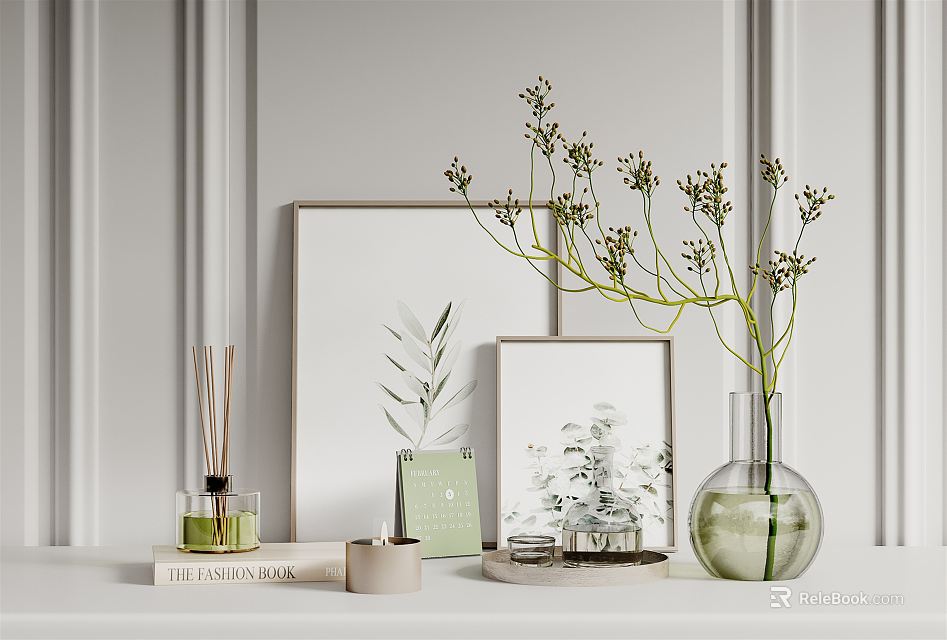 Minimalist Modern Decorative Ornament Set with Diffuser Book Candle Photo Frames Vase and Plants 3d model 