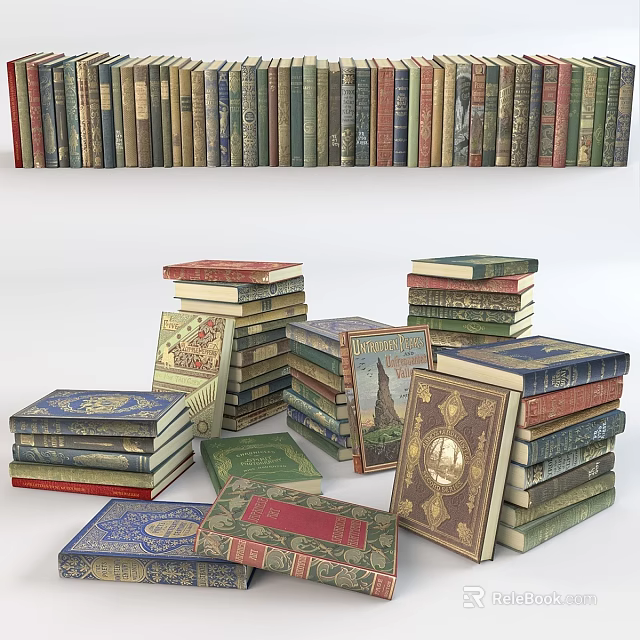 Vintage Hardcover Books Stacked With Colorful Classic Covers And Collection 3d model 