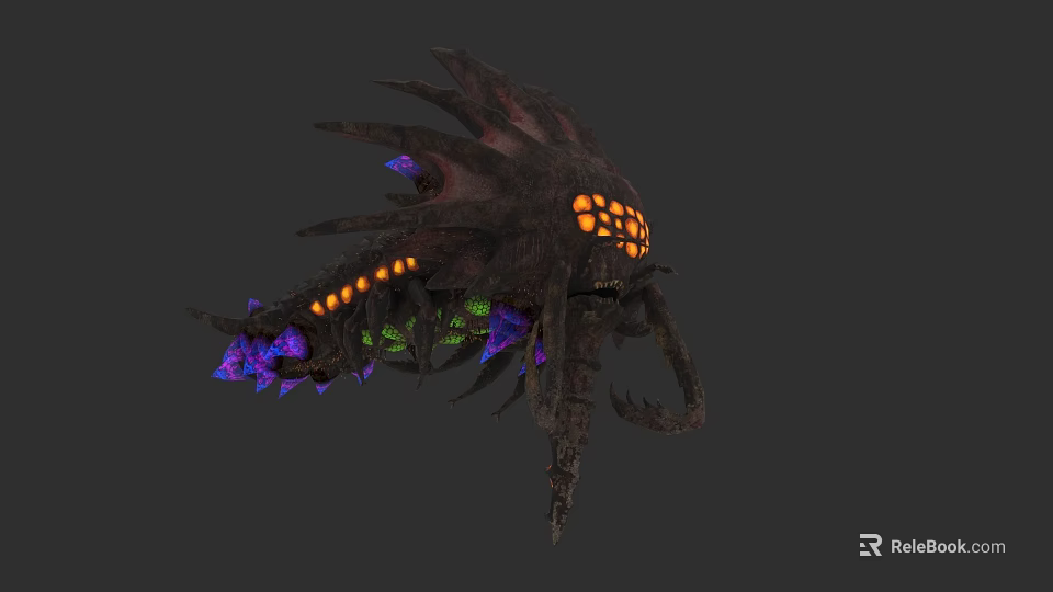 Fierce Spiked Monster Game Movie Character With Glowing Orange Purple Lights And Tentacles 3d model 