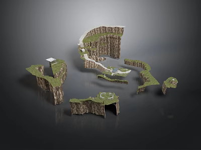 Floating Cliff Terrain Components With Grass Paths And Stone Platforms 3d model