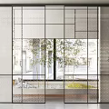 Modern Sliding Door With Grid Design And Black Frame For Interior Greenery View