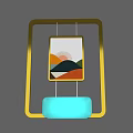 Public Facility Featuring Golden Frame Sunset Mountain Artwork And Light Blue Seat