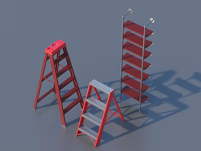 Durable Red Metal Ladders And Shelves For Workshop Hardware Storage 3d model