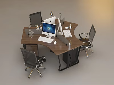 Modern L Shaped Office Desk With Two Monitors Lamp And Ergonomic Chairs 3d model