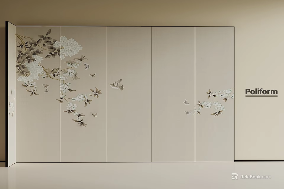 Elegant Beige Screen With Delicate Floral And Bird Patterns For Interior Design 3d model 