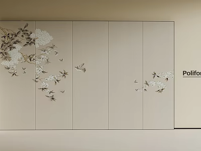 Elegant Beige Screen With Delicate Floral And Bird Patterns For Interior Design 3d model