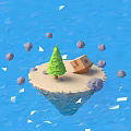Cartoon Low Poly Island Scene With Small House Green Tree And Stones In Blue Water