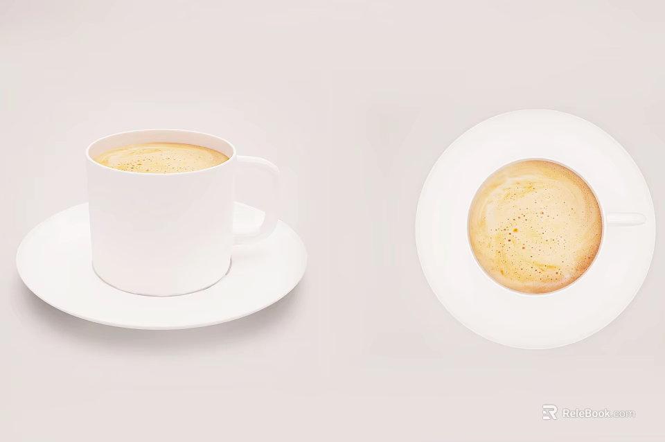 White Ceramic Cup With Hot Coffee Foam On Simple White Saucer 3d model