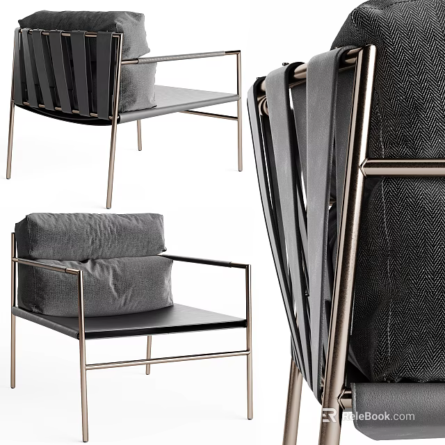 Modern Leisure Chair with Metal Frame Black Gray Fabric Upholstery and Padded Seat 3d model 