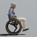 Game and Movie Character Seated in Wheelchair With Gray Hair Purple Shirt Beige Pants and Scarf