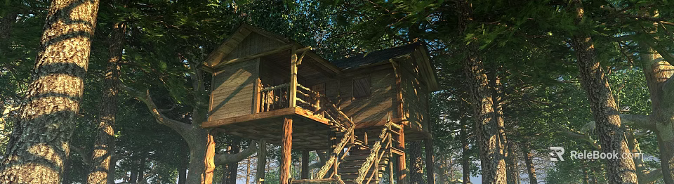 Scenic Rustic Wooden Treehouse With Balcony Staircase And Lush Trees 3d model 
