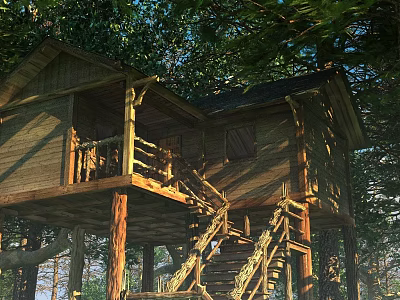 Scenic Rustic Wooden Treehouse With Balcony Staircase And Lush Trees 3d model