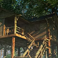Scenic Rustic Wooden Treehouse With Balcony Staircase And Lush Trees
