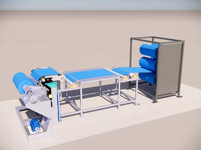 Industrial Conveyor Belt System With Blue Rollers And Metal Frame Structure 3d model