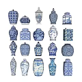 Blue and White Ceramic Vessels with Traditional Patterns and Various Shapes 3d model