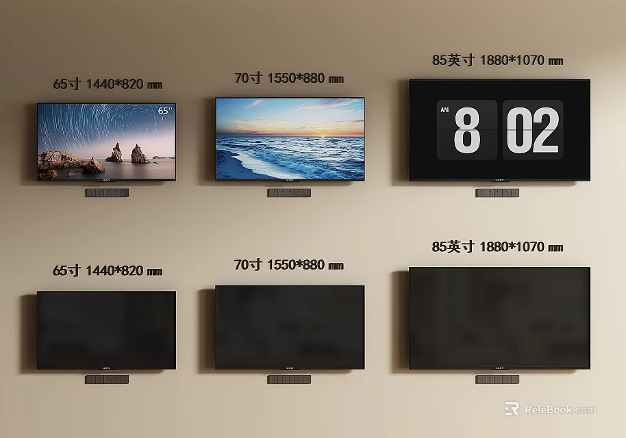 65 70 85 Inch TVs Featuring Scenic Views And Digital Clock 3d model 