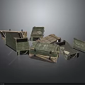 Various Wooden Boxes In Green And Natural Tones With Metal Fittings And Scattered Stack Design