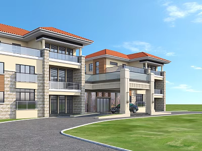 Modern Townhouse Exterior With Red Roof Balconies Stone Walls And Green Lawn 3d model