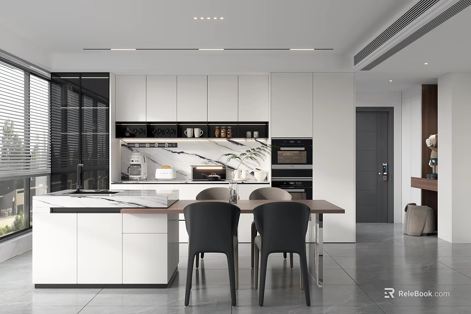 Modern Open Dining Space With Island Counter Dining Table And Black Chairs 3d model