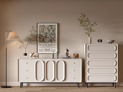 White Modern Console Table And Side Cabinet With Drawers Decorative Plants And Frame 3d model