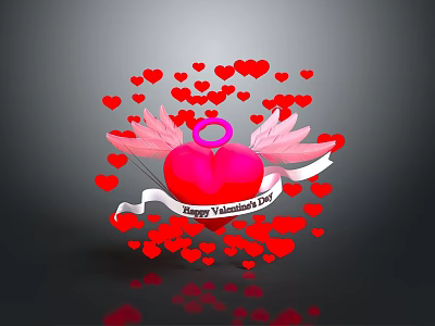 Valentine Heart With Wings Ribbon And Happy Valentine's Day Text Surrounded By Small Red Hearts 3d model