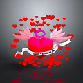 Valentine Heart With Wings Ribbon And Happy Valentine's Day Text Surrounded By Small Red Hearts