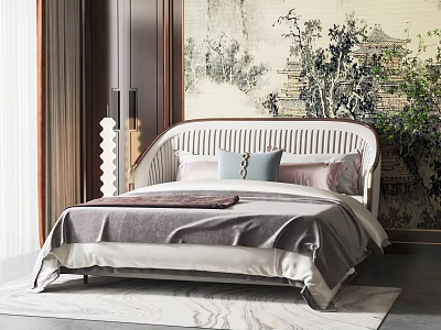 Stylish Double Bed with Elegant Headboard and Pillows in Interior with Mural and Green Plants 3d model