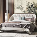 Stylish Double Bed with Elegant Headboard and Pillows in Interior with Mural and Green Plants