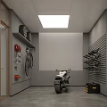 Modern Garage Interior With Red Sports Car Bicycle Tools Glass Walls And Lighting