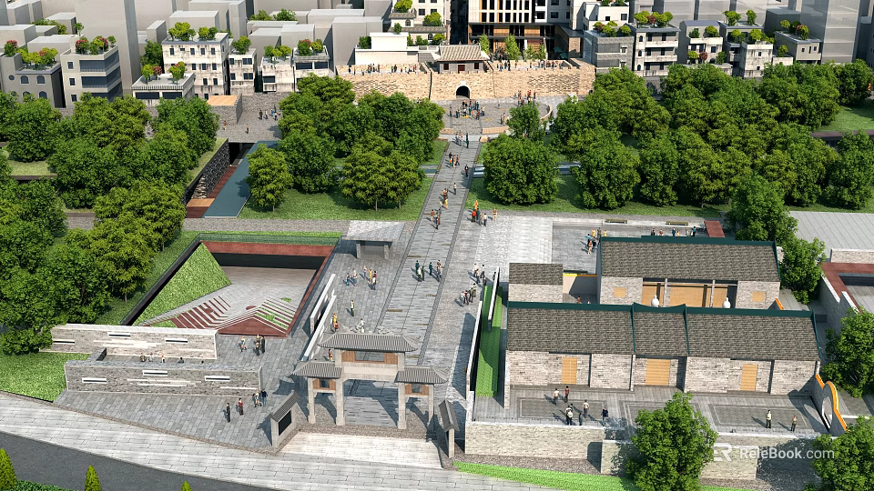 Ancient Architecture Complex Featuring Traditional City Wall Green Trees And Pedestrians In Courtyard 3d model 