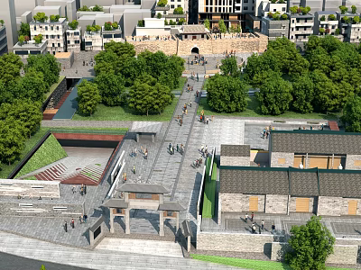 Ancient Architecture Complex Featuring Traditional City Wall Green Trees And Pedestrians In Courtyard 3d model