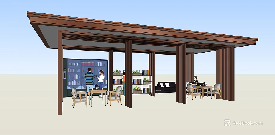 Comfortable Covered Reading Space With Bookshelves Sofa Tables And People Interacting 3d model 