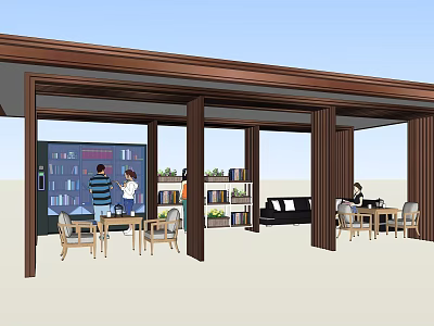 Comfortable Covered Reading Space With Bookshelves Sofa Tables And People Interacting 3d model