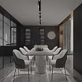 Modern Living Dining Room Dark Tones Open Concept Marble Table Sofa Art Sculpture Large Windows