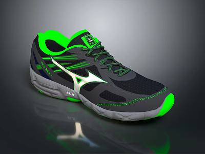 Black And Green Running Shoes With Gray Accents White Logo And Cushioned Sole 3d model