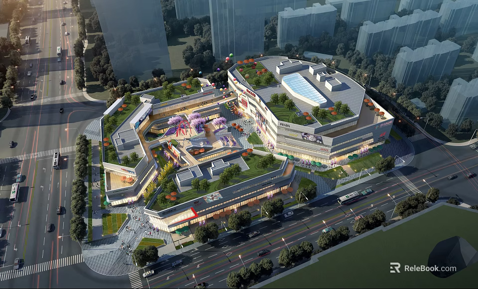 Aerial Planning of Urban Commercial Complex With Rooftop Greenery and Surrounding Roads 3d model 