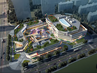 Aerial Planning of Urban Commercial Complex With Rooftop Greenery and Surrounding Roads 3d model