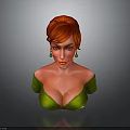 3D Rendered Female Character With Red Hair Green Off Shoulder Outfit And Green Earrings