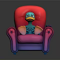 Animated Game Character Blue Duck Sitting On Pink Armchair With Yellow Beak