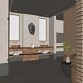 Elegant Modern Hotel Bathroom Interior With Wooden Vanity Double Sinks Mirrors And Potted Plant