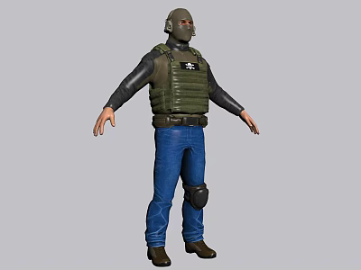 Man In Mask With Green Tactical Vest Black Long Sleeves Blue Jeans And Knee Pads 3d model